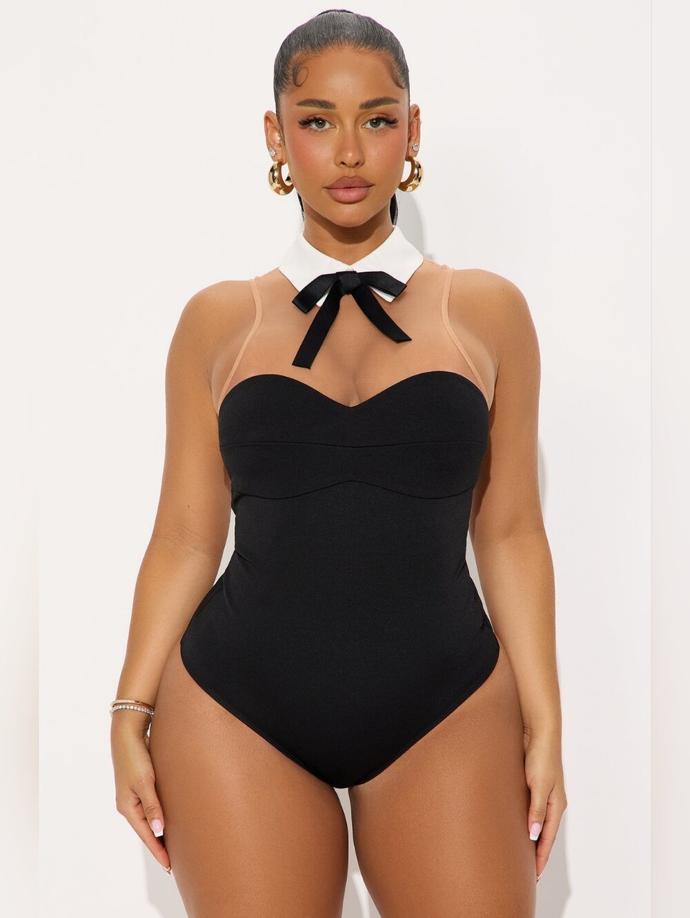 Fashion Nova AKASHA Collared Bodysuit Black And White Sheer Mesh SZ LG